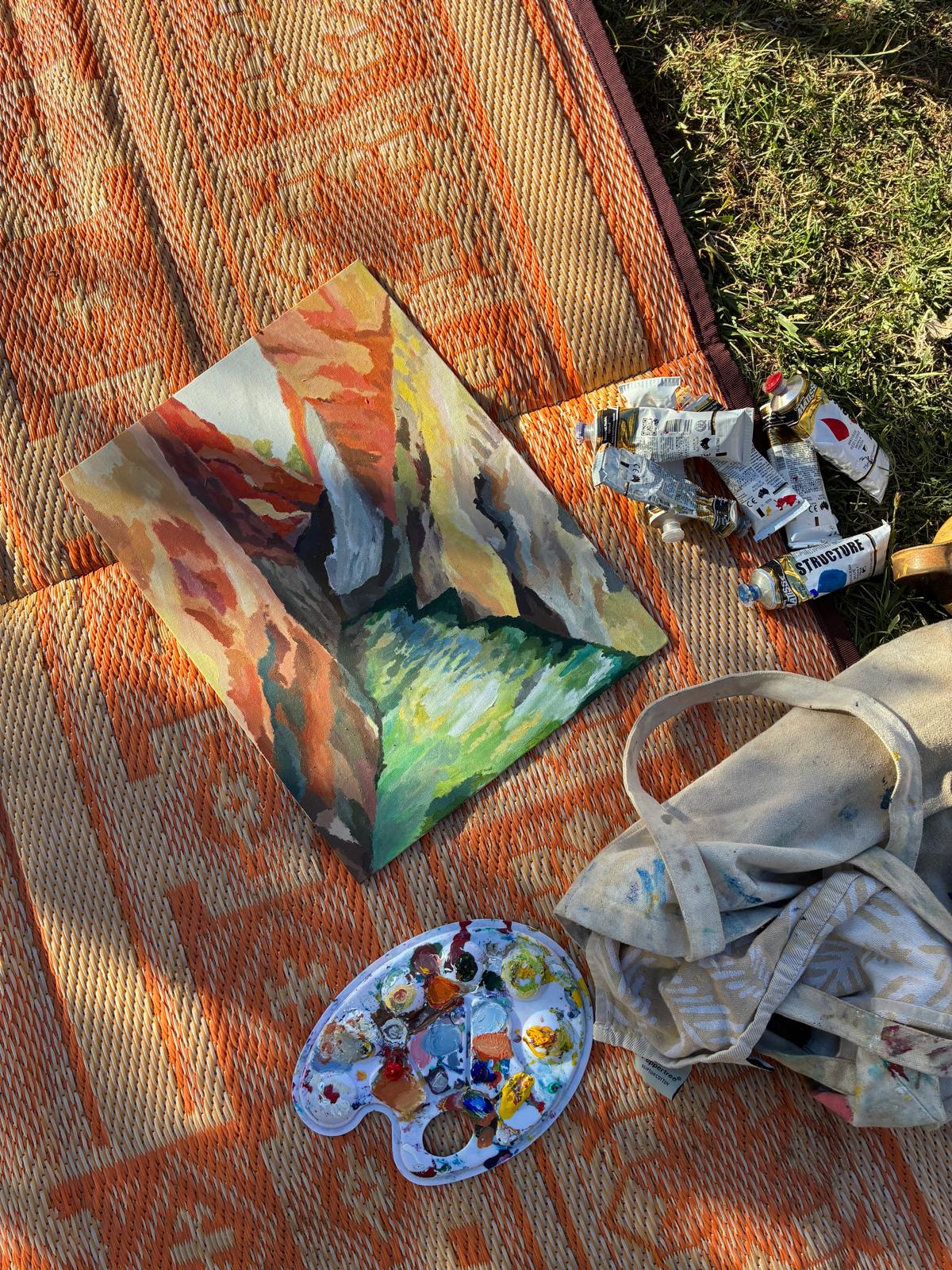 Artwork laid out on a mat